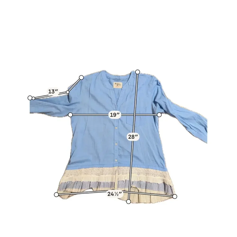 Holding Horses ruffle and blue blouse 100% cotton unique beautiful S 1961
